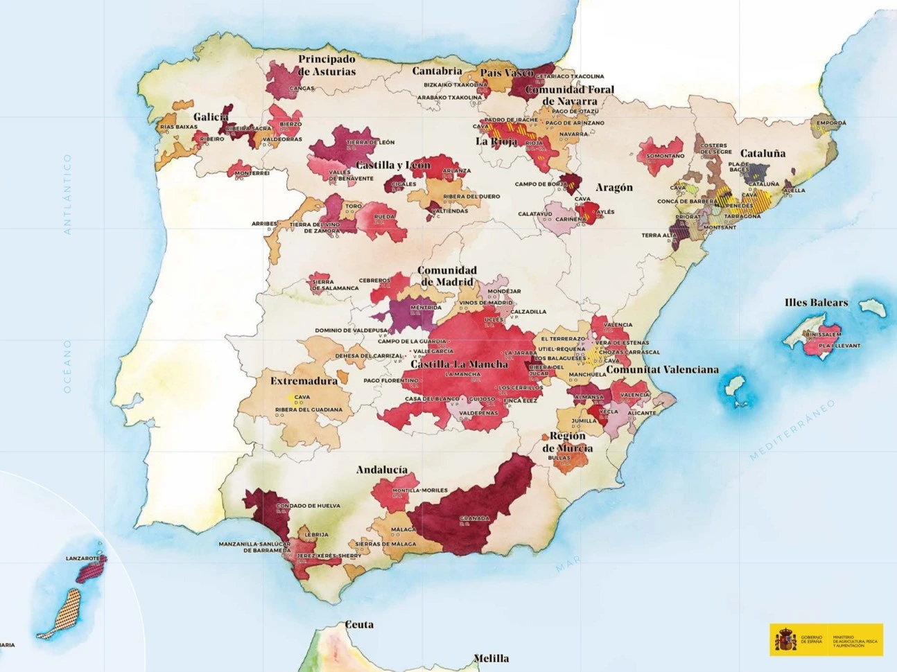 Mapa de las Denominaciones de Origen de los Vinos en España, elaborado por el Ministerio de Agricultura, Pesca y Alimentación